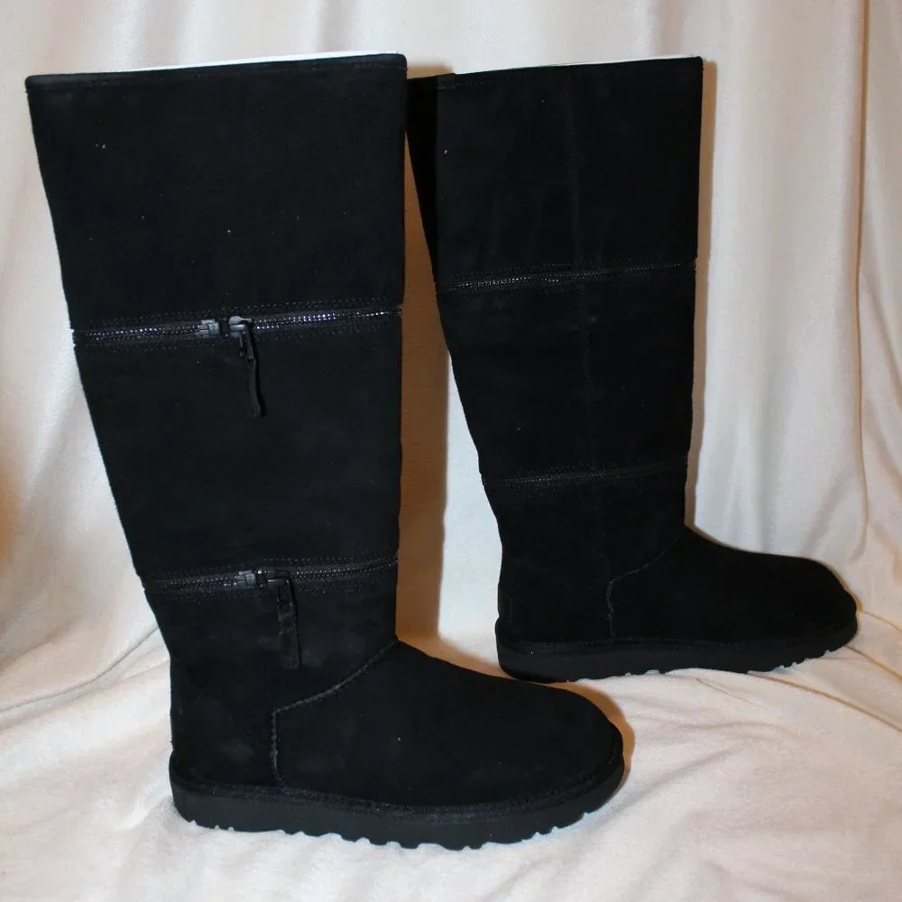 NIB UGG WOMEN'S‎ ULTRA TALL SUEDE SHEARLING LINED ZIPPER ACCENT BOOTS BLACK